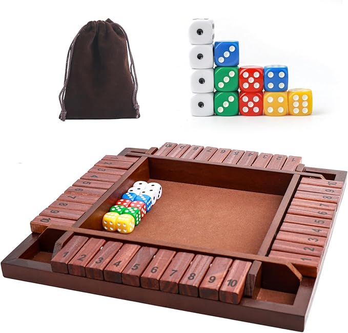 MerryPony Shut The Box 4 Player Wooden Board Game - 12 Inch With 10 Numbers and 12 Dice, Classic Family Tabletop Math Game for Adults & Kids, Pub Classroom Party