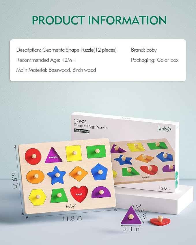 Shape Color Puzzle for Toddlers 1-3, Montessori Learning Toys for 1 + Year Old Girl, Jumbo Knob Wooden Pegged Chunky Shapes Puzzles for Kids Ages 3, Baby Educational Toys 12-18-24 Months Boys