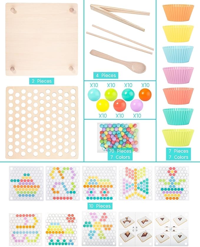 Toddler Montessori Rainbow Beads Learning Toys, Early Educational Preschool Toy-Wooden Peg Board Games and Puzzles for Kids,Stacking Counting Color Sorting Games, Great Gift for 3 4 5 Years Old