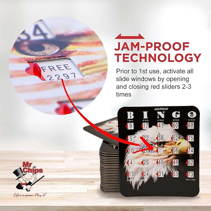 MR CHIPS Jam-Proof Bingo Cards with Sliding Windows, 50 Reusable Shutter Cards, 75 Calling Cards 1 Master Board in Star and Strips Style