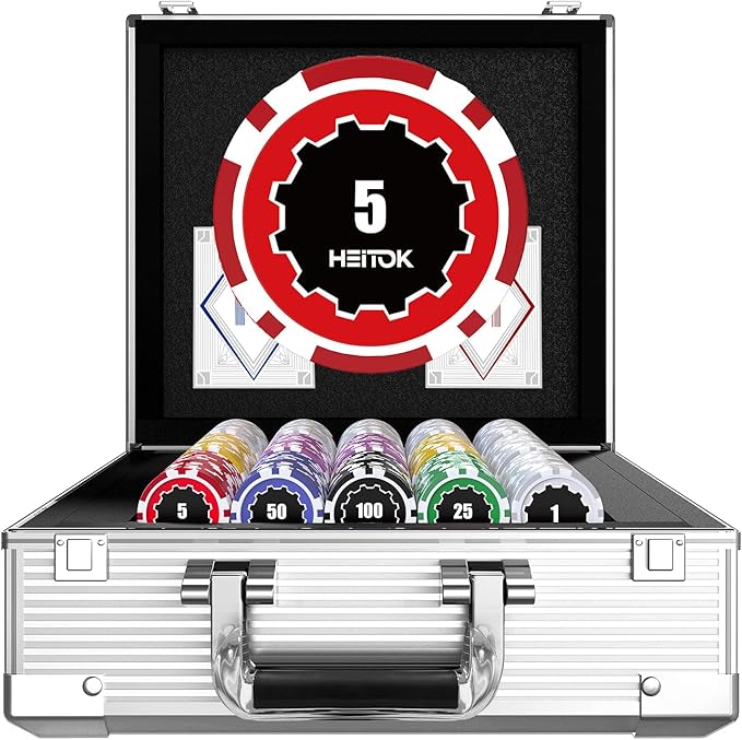 Poker Chips with Denominations, 600-pcs 11.5g Weighted Numbered Casino Chips Set, 5 Dice, 2 Decks with Compact Aluminum Case for Texas Hold'em, Blackjack.