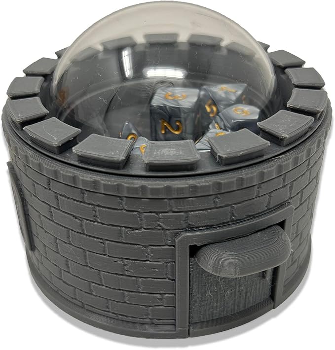 MunnyGrubbers - Castle Dice Popper V2 - Dice Jail - for TTRPG & Board Games - (Random 7PCS D20 Dice Set Included) - Dice Roller, Tower, Holder - Dungeons and Dragons, DND - (Gray)