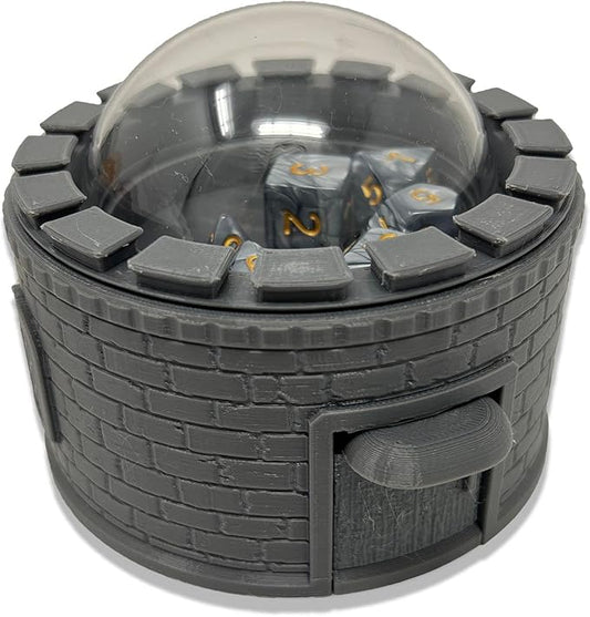 MunnyGrubbers - Castle Dice Popper V2 - Dice Jail - for TTRPG & Board Games - (Random 7PCS D20 Dice Set Included) - Dice Roller, Tower, Holder - Dungeons and Dragons, DND - (Gray)