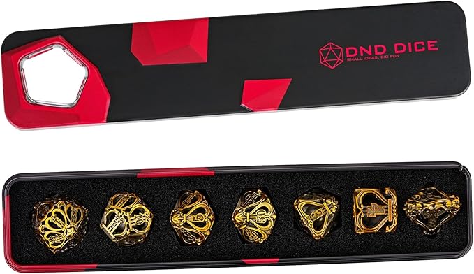 Cusdie 7-Die Metal Dice Set - Hollow Design with Bells - Crisp Sounding Gaming Dice in Tin Box - Perfect for Tabletop RPGs & Board Games(Ancient Gold)