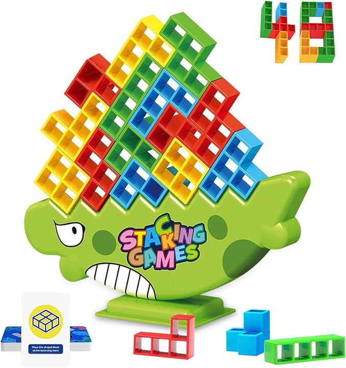 Tower Stack Board Games for Kids 8-12 Years, 48PCS Balance Building Blocks, Stack Attack Toy for 2 Players, Family, Parties, Travel, Adults