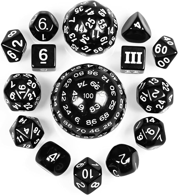15 Pieces Complete Polyhedral DND Dice Set D3-D100 Spherical D&D Dice Set with Dragon Eye Dice Bag, D100 Dice for Dungeons and Dragons, RPG, MTG Table Games(Black w/White Numbers)
