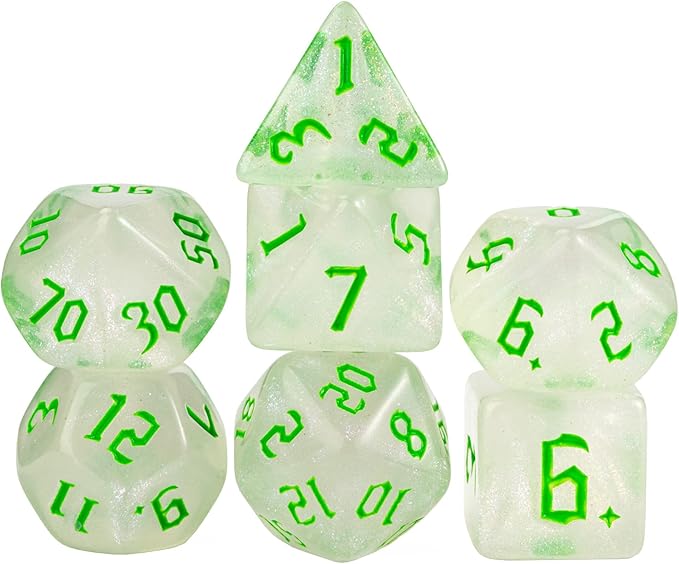 7-Die DND Dice Set Polyhedral Dice Set with a Leather Dice Bag, D&D Dice Set for Dungeons and Dragons, RPG, MTG Table Games (White/Glitter)