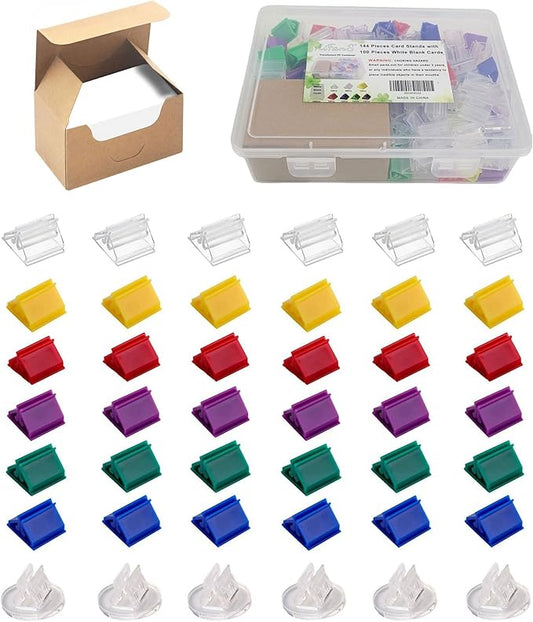 144 Pieces Game Card Stands with 100 Pieces White Blank Cards in Portable Container - Perfect Game Accessories for Tabletop & Board Games