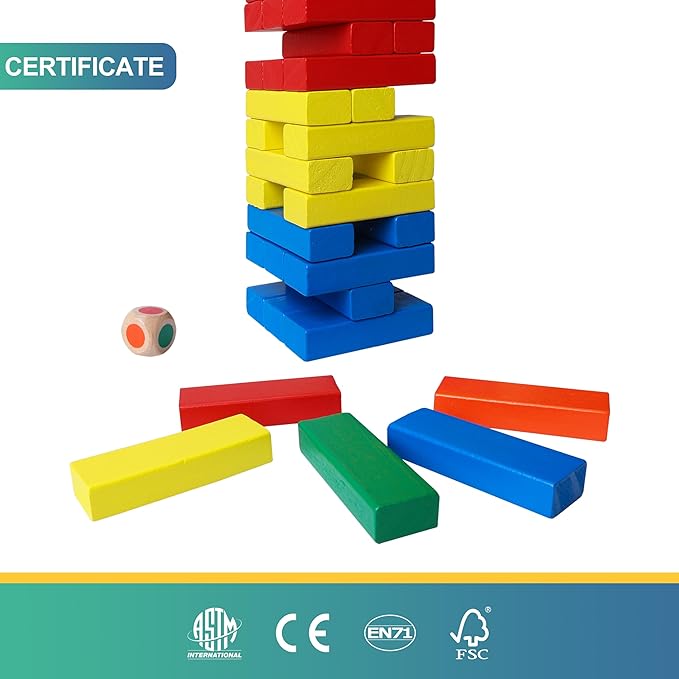 GOTHINK Tumble Tower Game for Kids and Adults, 60pcs Wooden Stacking Board Games Building Blocks for Kids and Family Games Night, Colorful Wood Balancing Blocks Game