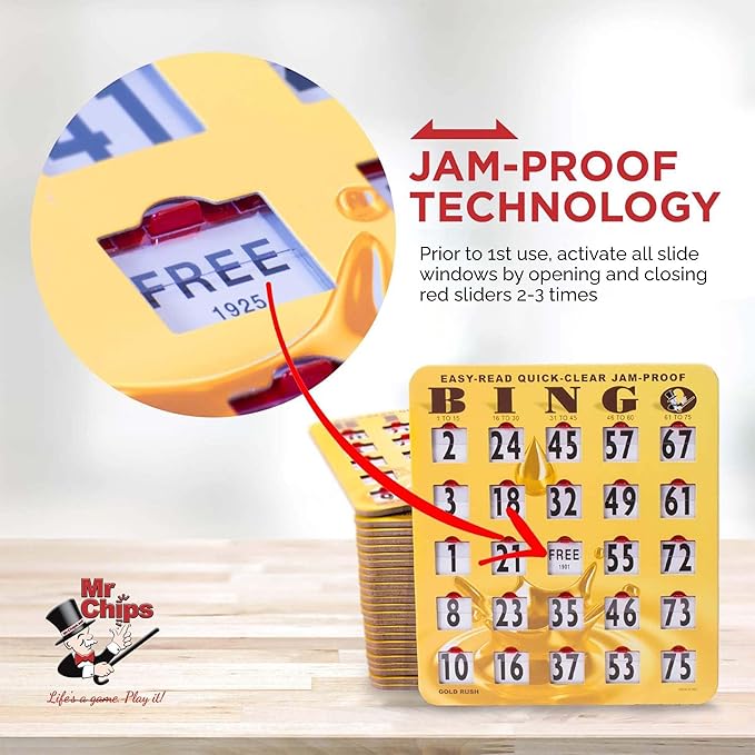MR CHIPS Jam-Proof Bingo Cards with Sliding Windows, 50 Reusable Shutter Cards, 75 Calling Cards 1 Master Board in Gold Rush Style