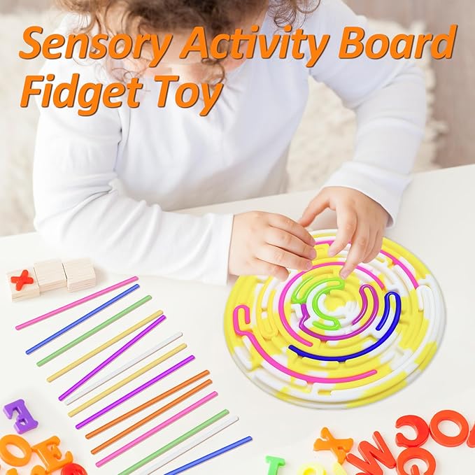 Sensory Activity Board for Kids and Adults, Double-Sided Silicone Fidgets Toys - Silent, No Mess, for Calming, Stress Anxiety, ADHD&Autism - Includes Portable Travel Bag & 12 Strings, Yellow