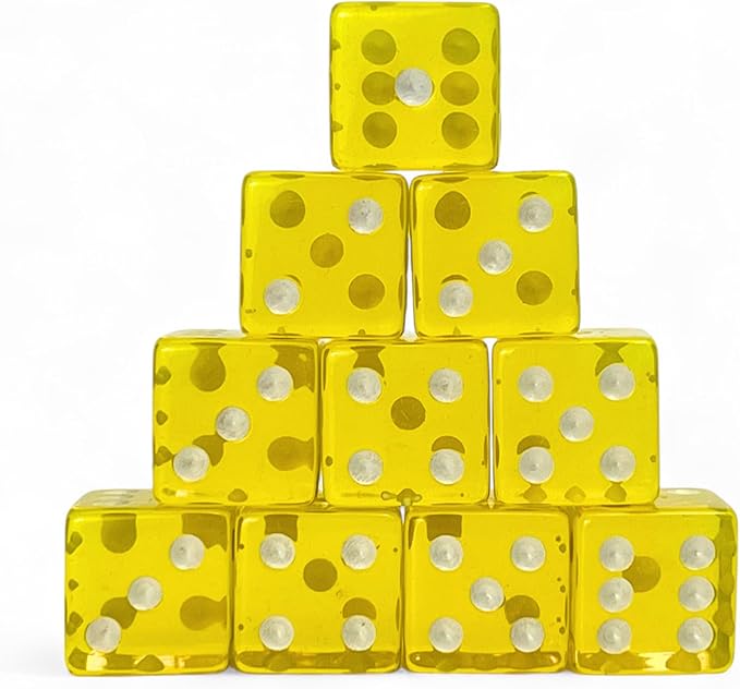 Luck Lab 10 Piece 19 mm Dice Pack - Acrylic and Translucent D6 Dice, Square w/Rounded Edge for Casino, Craps, RPG MTG DND Dice Table Games and Board Games (Yellow)