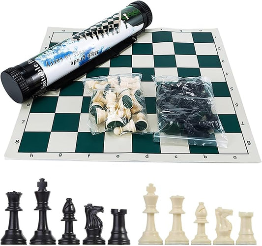 Tournament Chess Set: Portable Plastic Tube Roll, Foldable Vinyl Chess Board (Green, 16X16IN, 2 Players, All Ages)