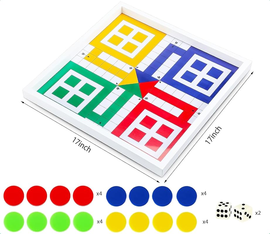 Ludo Board Game with Glass Top17inch x 17inch, Ludo Board Game with 16 Tokens and 2 Dice, Board Game for Family Adults Christmas Thanksgiving Birthday Party Supplies Rustic Vintage Home Decor Gifts