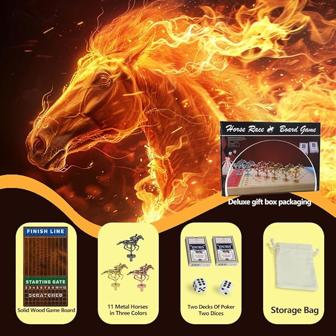 Large 21 Inches Horse Racing Board Game Thickened Wood Metal Horses Finish Line Horse Race Game for Party and Gatherings Included Dices and Cards, Flame