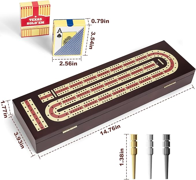 Cribbage Board Game Set, Premium Wooden Board with Magnetic Lock and Metal Pegs, 2 Playing Cards, and Large Storage - Travel-Friendly Continuous 3 Track Board
