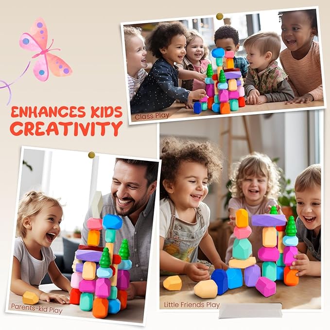 40 Pcs Wooden Stacking Rocks & Sensory Learning Toys for Ages 3-9 | Develops Motor Skills & Creativity for Girl or Boy - Stacking Blocks for Birthday Gift