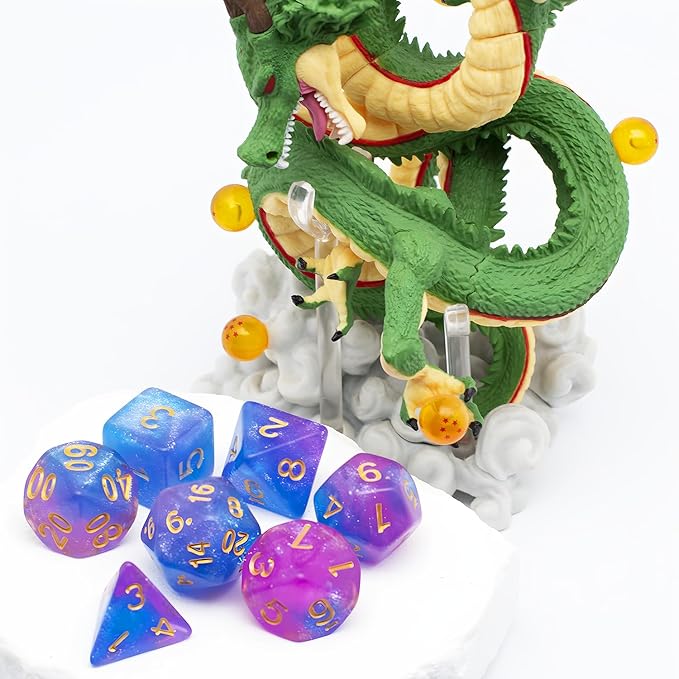 DND Dice Set with Dragon Totem Metal Gife Case, Dungeons and Dragons Dice Set,Polyhedral Dice Set Filled with Shiny Glitters,Role Playing Games and Tabletop Games (Deep Blue&Pink)