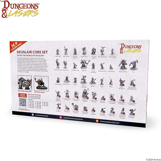 Dungeons & Lasers Deuslair Core DND Miniatures Set - 99 Models with Scenic Bases - 5E Compatible for use with D&D and Tabletop RPG Games - Unpainted and Unassembled - for Ages 14 Years +