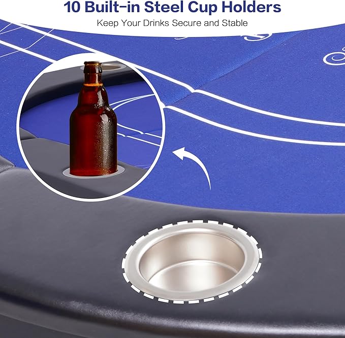 10 Player Poker Table Foldable, 84" Folding Blackjack Texas Holdem Table, Portable Casino Leisure Card Board Game Table with Cup Holders and Padded Rails for Game Room (Black)