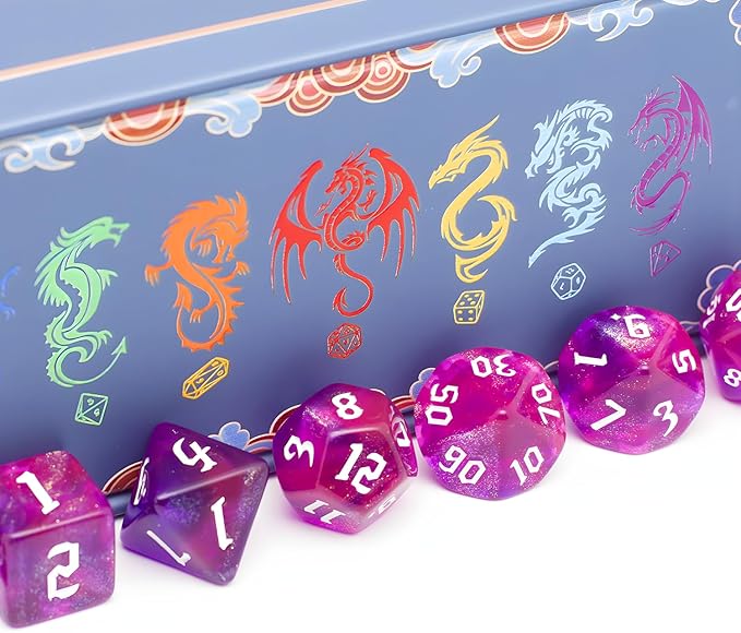 DND Dice Set with Dragon Totem Metal Gife Case, Dungeons and Dragons Dice Set,Polyhedral Dice Set Filled with Shiny Glitters,Role Playing Games and Tabletop Games (Purple&Pink)