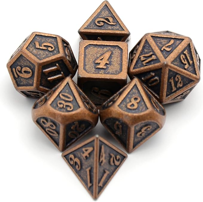 Metal Dice Set, HNCCESG Polyhedral D&D Dice for Dungeons and Dragons RPG DND Dice for Role Playing MTG Tabletop Gaming Shadowrun Pathfinder 7PCS D20 D12 D10 D8 D6 D4（Antique Copper）