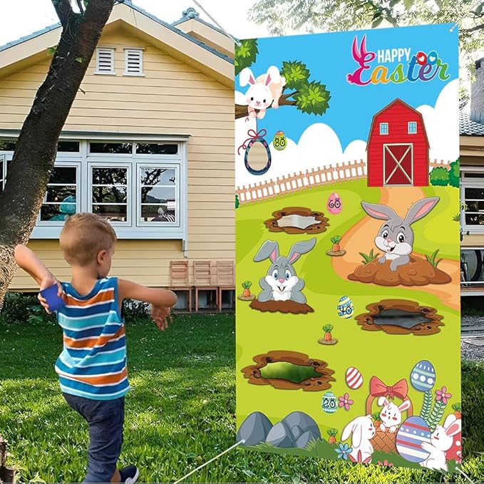 Upgraded, Easter Games, Funny Bunny Toss Game, with 4 Bean Bags, Premium Banner and Accessories, Easter Party Games for Kids Adults Family Outdoor, Party Activities Supplies