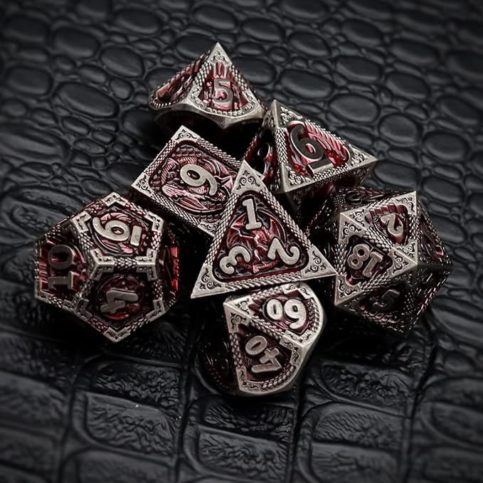 Haxtec DND Dice Set Metal D&D Dice Set with Leather Dice Bag Antique Iron Red Metal Polyhedral Dice for Dungeons and Dragons TTRPG Gifts