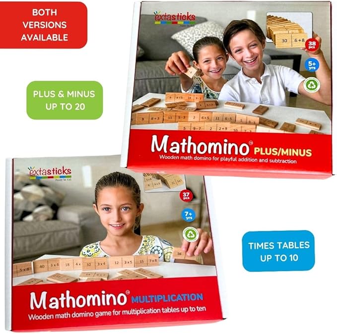 Math Domino Game for 1st & 2nd Grade | Wooden Algebra Dominoes Plus/Minus | Educational Learning Toy for Kids 6+ | Classroom, Homeschool & Teaching Supplies