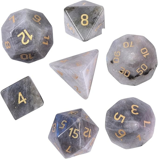 TUMBEELLUWA Engraved Crystal Stone Polyhedral Dice Set for RPG MTG Dungeons and Dragons Table Game 7 Pieces DND Board Game Dices with Pouch, Labradorite