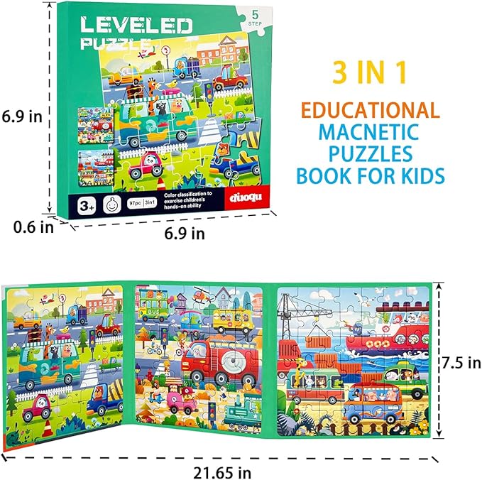 Magnetic Puzzles for Kids Ages 4-8, 3 in 1 Wooden Jigsaw Puzzles Book for Toddlers, Car Activities Toy for Girls 4-6, Learning Magnet Toys for Road Trip (Vehicle)