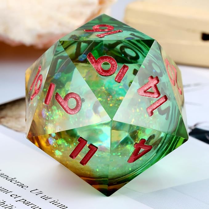 D20 Dice 33mm,DNDND Glitter and Paillette Liquid Core D20 Dice with Gorgeous Gift Box for Dungeons and Dragons (Green & Orange)