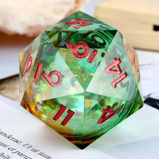 D20 Dice 33mm,DNDND Glitter and Paillette Liquid Core D20 Dice with Gorgeous Gift Box for Dungeons and Dragons (Green & Orange)