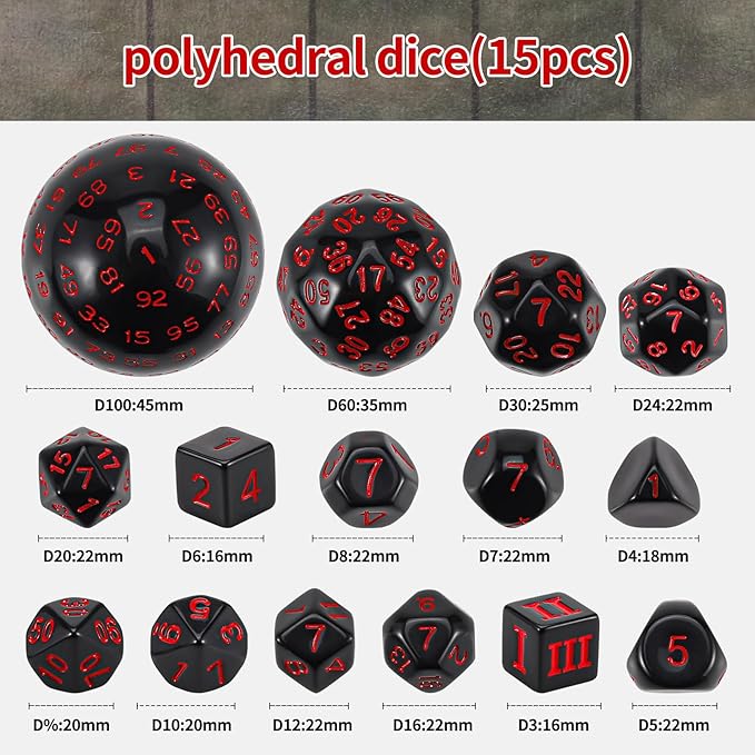 CiaraQ DND Polyhedral Dice Set (15pcs) D4-D100 Game Dice with Dice Bag for Dungeons and Dragons Role Playing Table Games (Black & Red)
