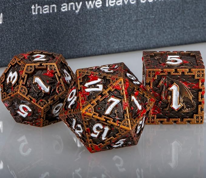 ARUOHHA 7PCS DND Metal Dice Set Antique Gold Blood Polyhedral Dice Set with Gift Box, RPG Role Playing Dice 6 Sided D and D Dice D20 D12 D10 D8 D6 D4