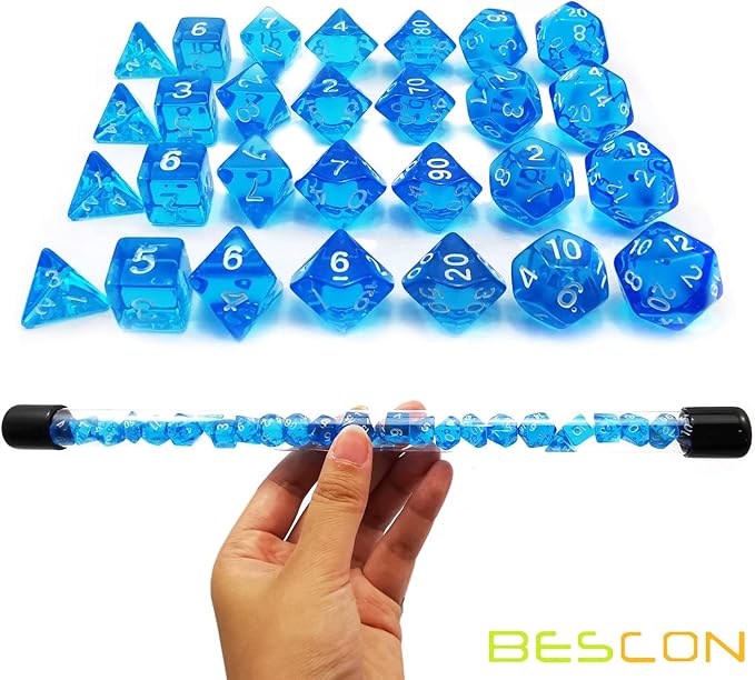 Bescon 28pcs Translucent Blue Mini Polyhedral Dice Set in Tube, Dungeons and Dragons RPG Dice 4X7pcs,Mini Gem Blue Dice Set
