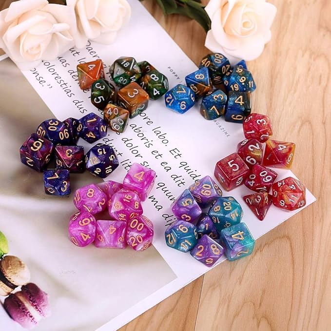 7Pcs/Set Purple Dichromatic D4 D6 D8 D10 D12 D20 Polyhedral Dices Numbers Dials Desktop Board Game Dice Bags with Drawstring Role Playing Dice Dice and Accessories