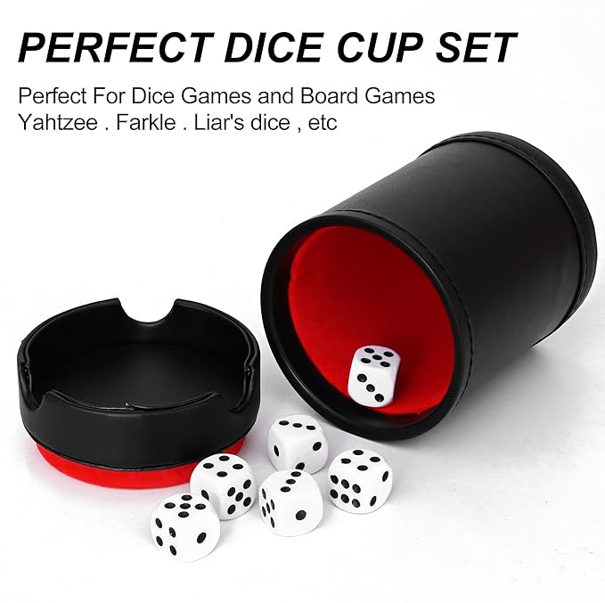 Dice Cup with Lid, PU Leather and Felt-Lined, Quiet Shaker for Yahtzee Farkle Dice Board Games, Set of Six 16mm Dice Included