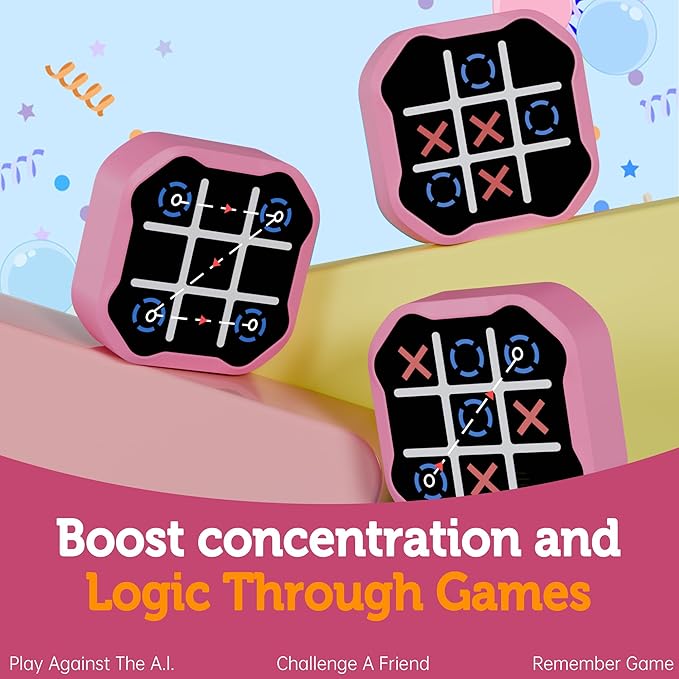 3 in 1 Electronic Tic Tac Toe Game, Handheld Digital Tic Tac Toe Bolt Game with Silent Mode, Portable Learing Toy Gift for Kids & Adults, Pink