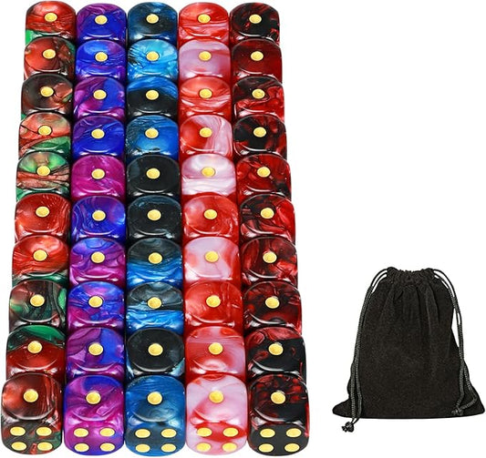 YOUSHARES 50 Pack D6 Game Dice Set with Pouch - 16mm Two Color 6 Sided Dice, Perfect Table Games Dice for Tenzi, Yahtzee, DND MTG RPG War Games