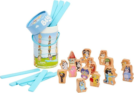 Bluey – Wooden Stacking Game – 25 Build and Balance Pieces with Characters and Sticks in a Storage Tube – FSC Certified for Children 3 Years and Up