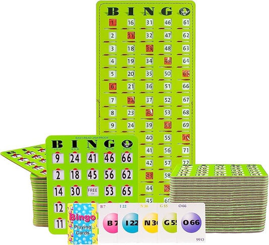 MR CHIPS Jam-Proof Bingo Cards with Sliding Windows, 50 Reusable Shutter Cards, 75 Calling Cards 1 Master Board in Green Style