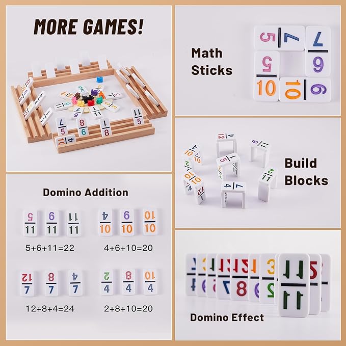 Mexican Train Dominoes Set with Numbers - Double 12 Colored Number Dominoes - 91 Tiles, 9 Trains, 4 Wooden Trays & Storage Bag for 2-8 Players Ages 8+