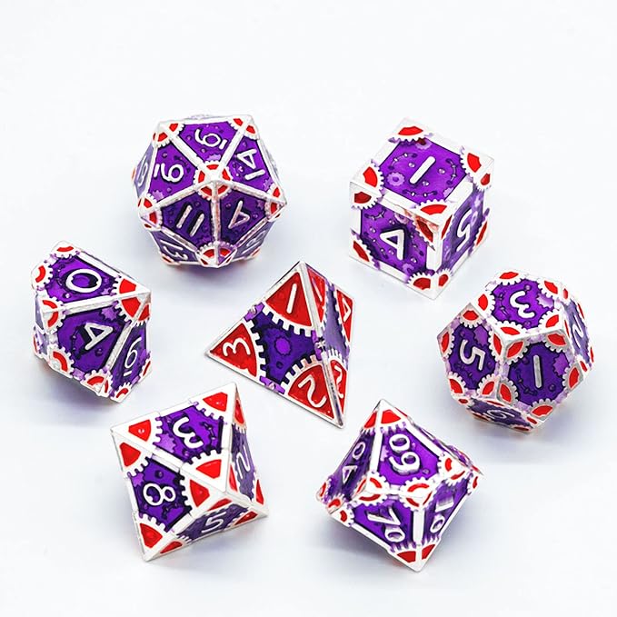 UDIXI Steampunk Style Metal Dice Set 7 Die Polyhedral DND Dice Set D&D Dice for Dungeons and Dragons Role Playing Game and Math Teaching (Silver-Purple Red)