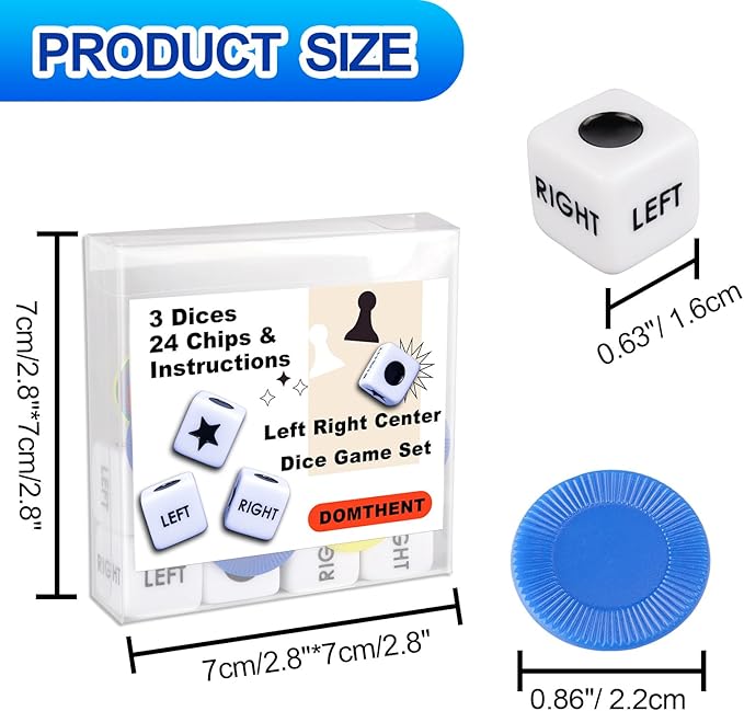 Left Right Center Dice Game Set - 4 Pack with 3 Dice, 24 Chips, and Instructions per Set - Easy Storage Box Design for Travel,School, Parties, and Family Gathering (4)