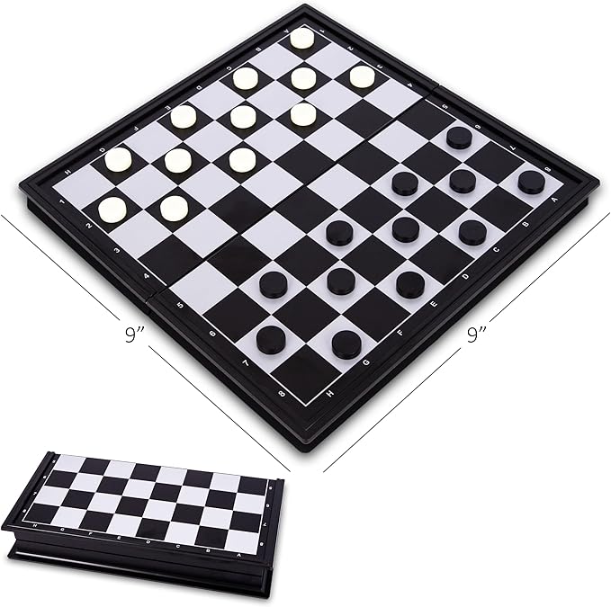 Gamie 3 in 1 Magnetic Travel Chess Set - Portable Chess, Checkers, Backgammon Set - 9 Inch Magnetic Chess Board for Road Trips - Travel Games for Kids and Adults - Gift Idea for Ages 3 and Up