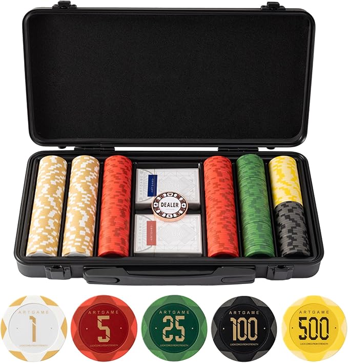 ARTGAME 14g Clay Poker Chips Set for Texas Hold’em, 300 PCS [with Numbered Values] with Chip Case, Bright Colored Chips are Easy to Distinguish Ideal Gifts for Poker Players
