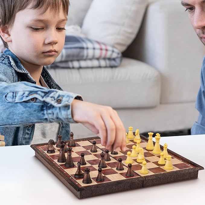 7.87 Inch Mini Magnetic Travel Chess Set, Walnut-Style - Small Portable Pocket Folding Chess Board Games, Ideal for Travel and Gifts