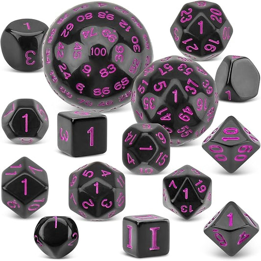Coyeekn DND Dice 15 Pieces Polyhedral Dice D3-D100 with Dice Bag for Role Playing Table Games (Black & Purple)