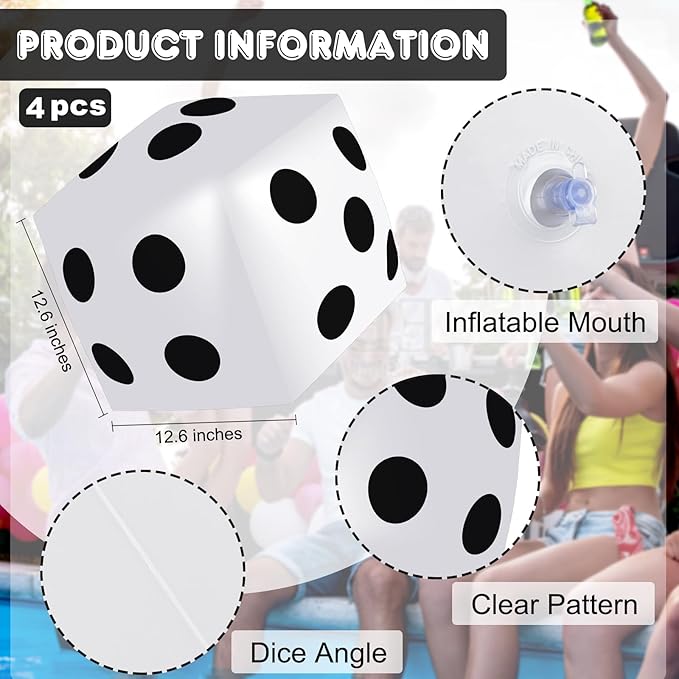4 Pieces Jumbo Inflatable Dice 12.6 Inch Large Inflatable Dice Fun Game Toy for Indoor Outdoor Lawn Swimming Pool Party Favor Board Game Decoration, White